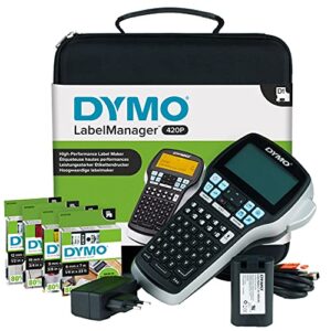 dymo labelmanager 420p high performance rechargeable portable label maker kit, abc keyboard with 4 rolls of d1 labels & carrying case