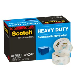 scotch heavy duty packaging tape, 1.88" x 54.6 yd, designed for packing, shipping and mailing, strong seal on all box types, 3" core, clear, 36 rolls (3850-cs36)