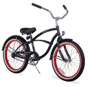 firmstrong urban boy single speed beach cruiser bicycle, 20-inch, black w/ red rims