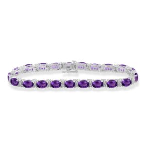 jewelili sterling silver 7x5mm oval cut genuine amethyst and natural white round diamond accent tennis bracelet, 7.25"