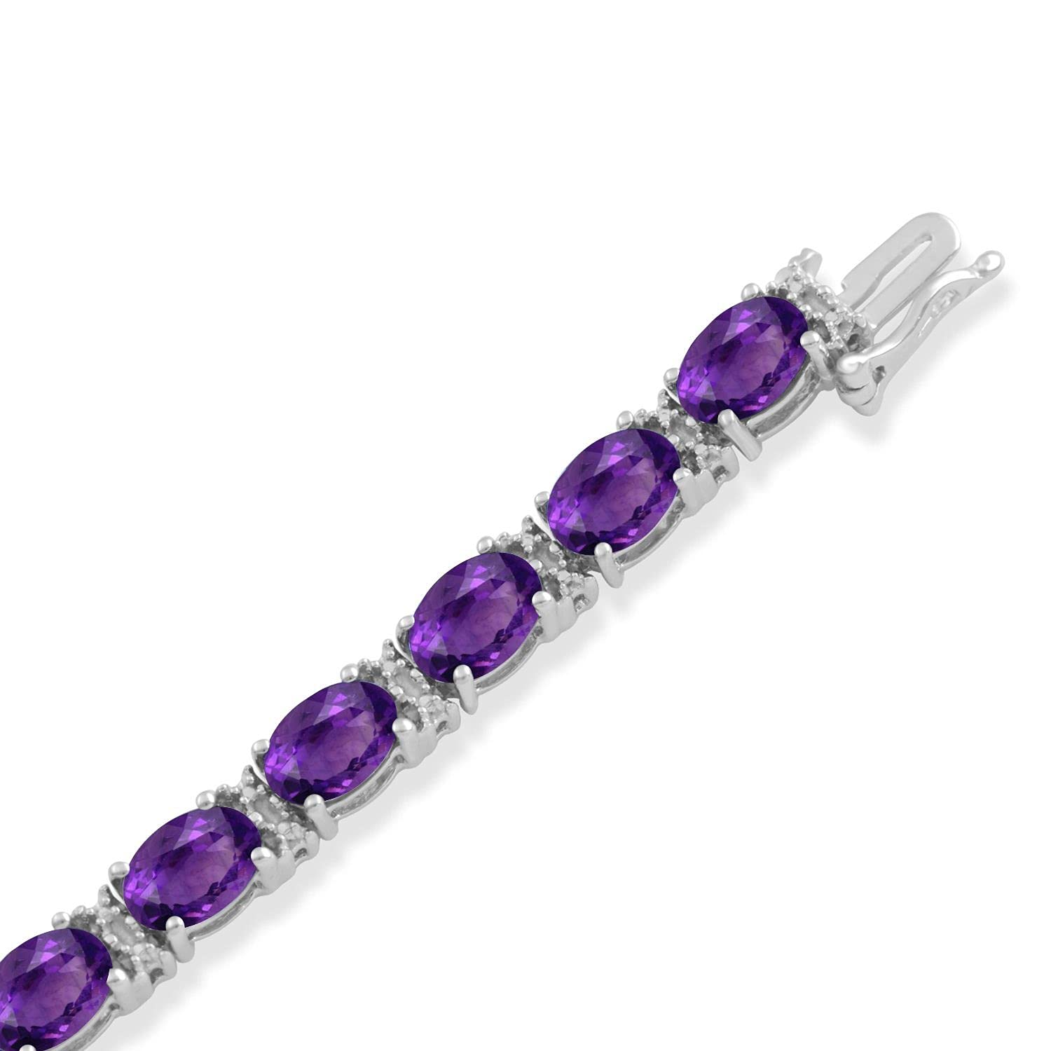 Jewelili Sterling Silver 7x5MM Oval Cut Genuine Amethyst and Natural White Round Diamond Accent Tennis Bracelet, 7.25"