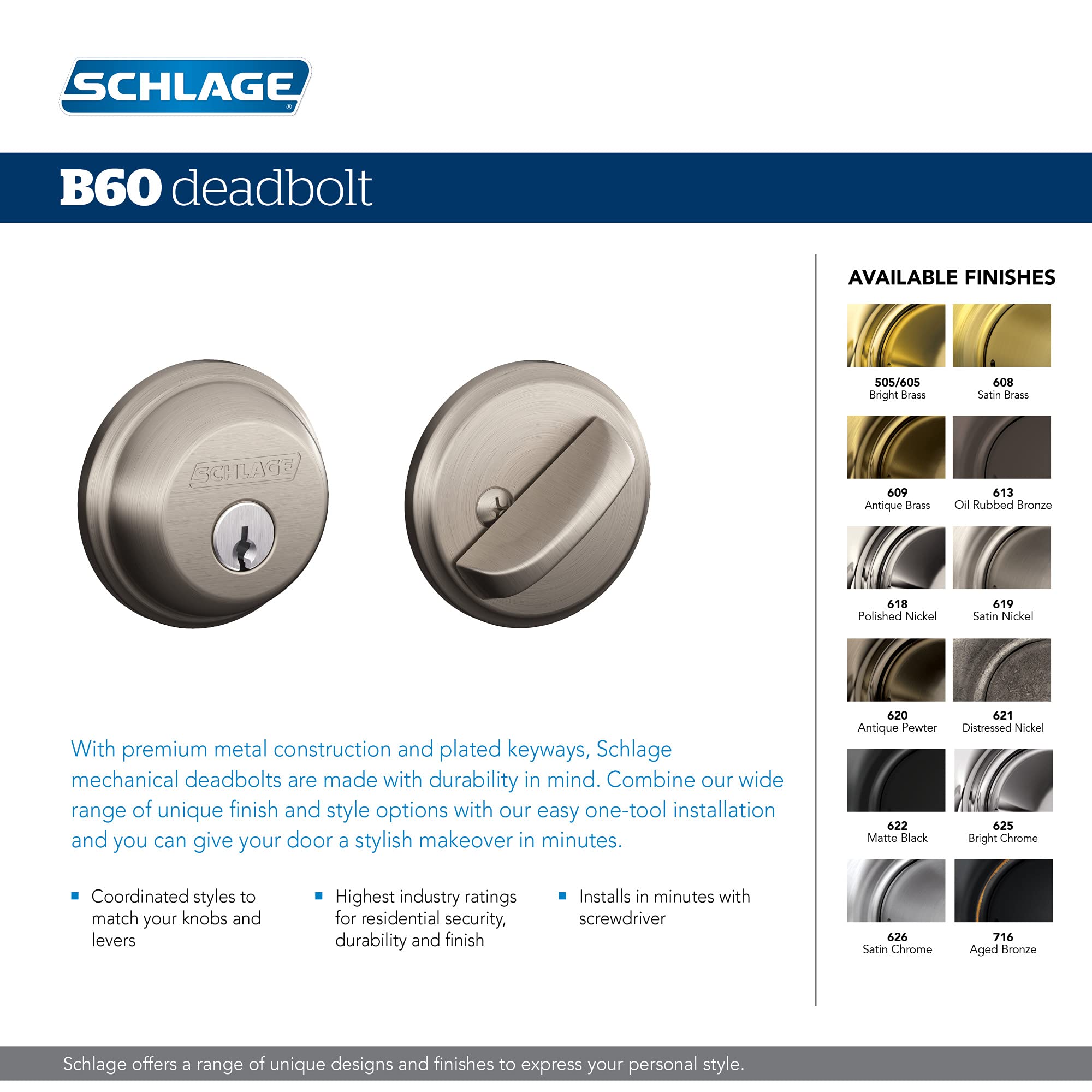 Schlage B60 N 626 Deadbolt, Keyed 1 Side, Highest Residential Security, Satin Chrome