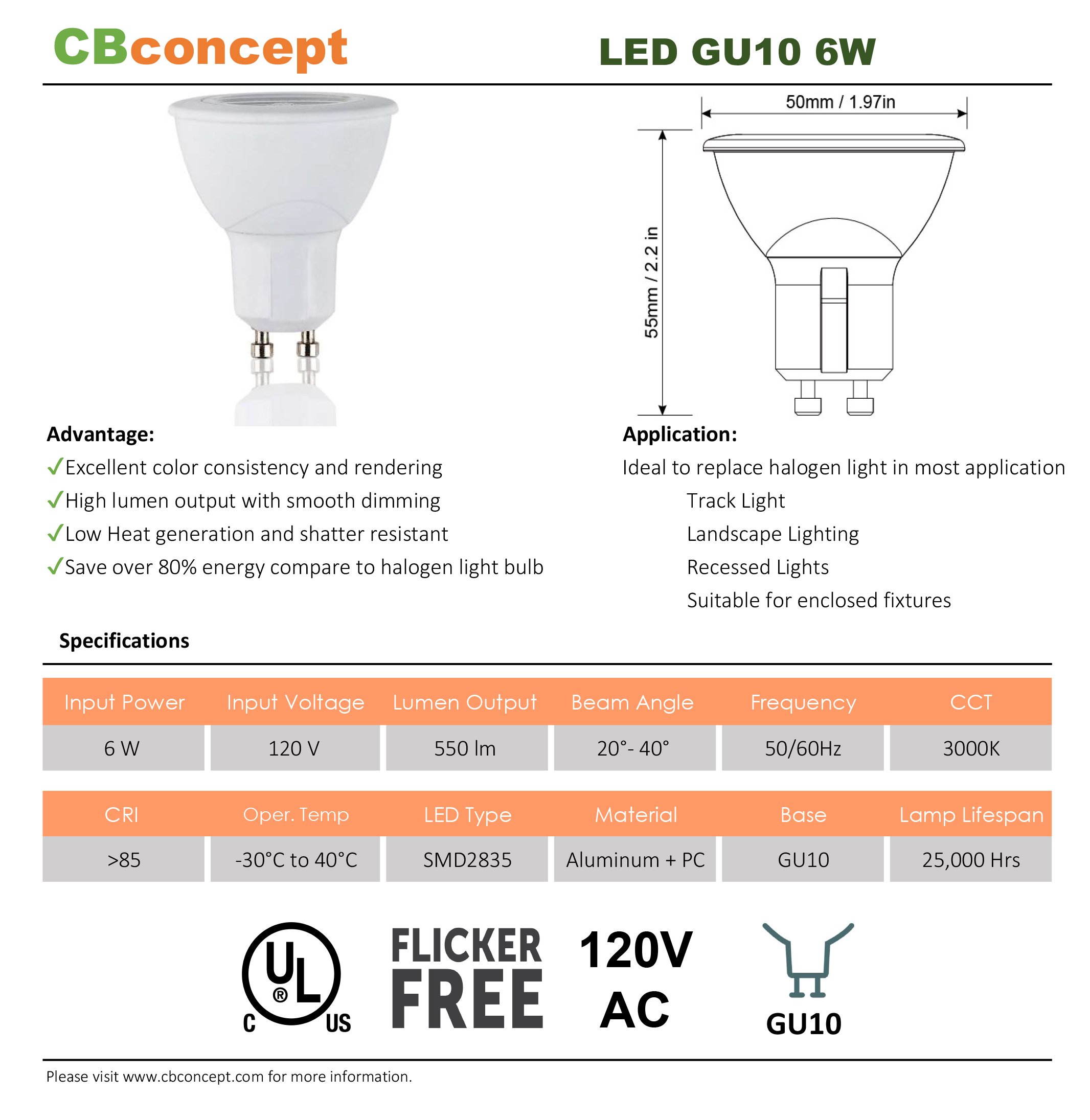 CBconcept UL-Listed GU10 LED Light Bulbs, 5-Pack, 6 Watt, 550 Lumen, Warm White 3000K, 50W Halogen Equivalent, 36°Beam Angle, 120 Volt,Not Dimmable,Recessed/Track Lighting | Designed in San Francisco