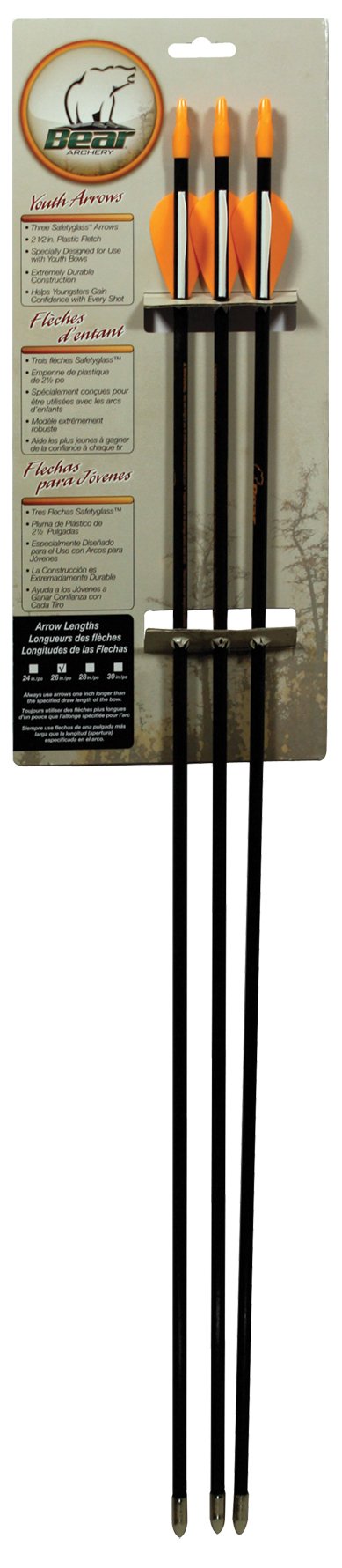 Bear Archery Youth Safety Glass Arrows, Durable & Splinter-Free Fiberglass Arrows, Nocks and Points Included, 26" Length