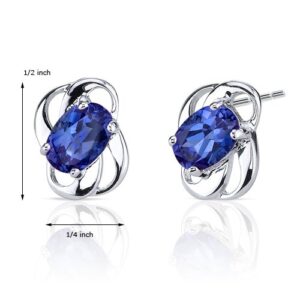 Peora Created Blue Sapphire Earrings for Women 925 Sterling Silver, 2 Carats Total Oval Shape 7x5mm, Friction Backs