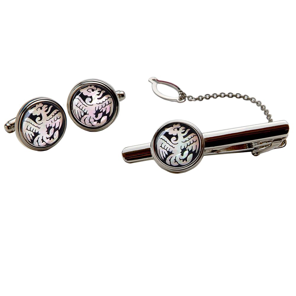 Mother of Pearl White Phoenix Round Tie Clip Bar Clasp Pin Tack Tac Cufflinks Set