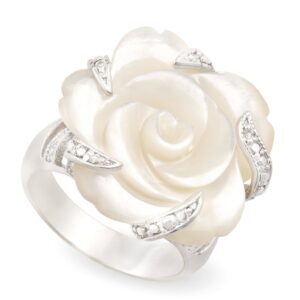 JanKuo Jewelry Rhodium Plated Carved Mother of Pearl Flower with Cubic Zirconia Cocktail Ring