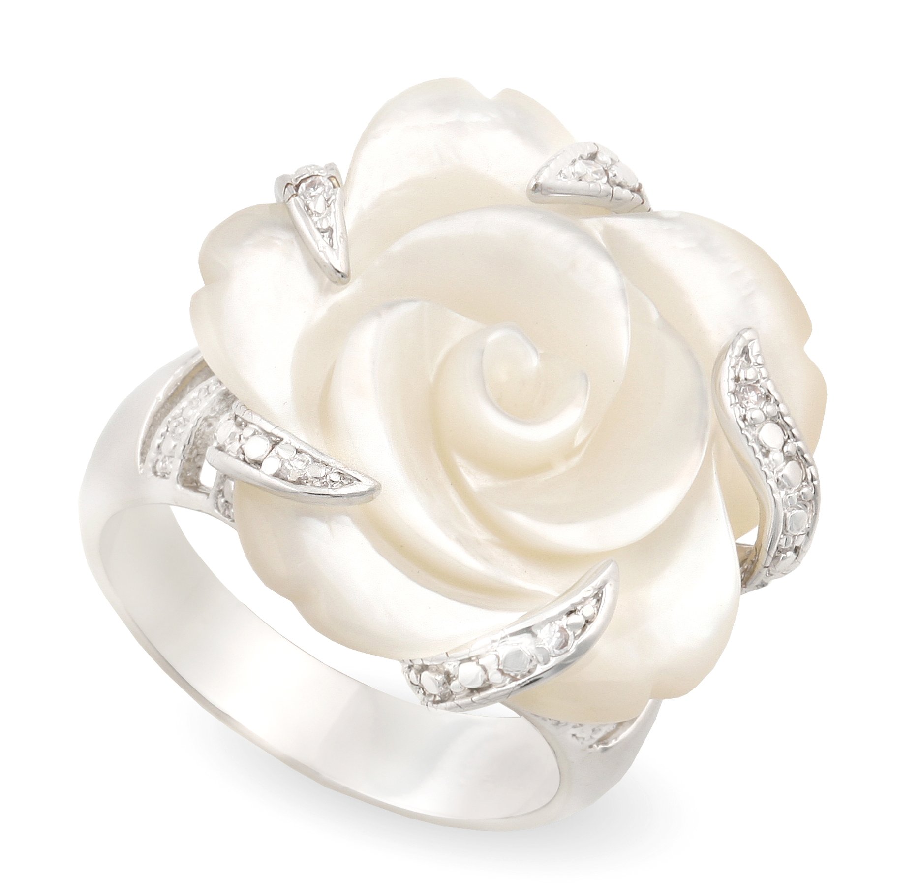 JanKuo Jewelry Rhodium Plated Carved Mother of Pearl Flower with Cubic Zirconia Cocktail Ring