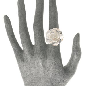 JanKuo Jewelry Rhodium Plated Carved Mother of Pearl Flower with Cubic Zirconia Cocktail Ring