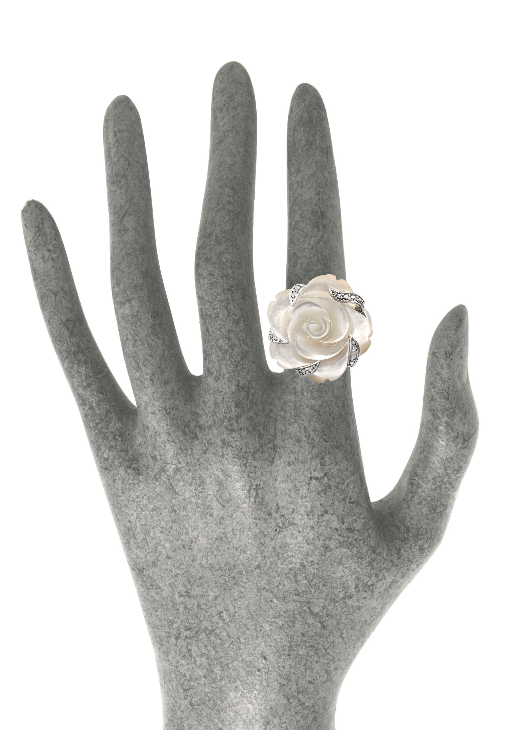 JanKuo Jewelry Rhodium Plated Carved Mother of Pearl Flower with Cubic Zirconia Cocktail Ring