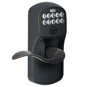 schlage fe595 ply 716 acc plymouth keypad entry with flex-lock and accent style levers, aged bronze,12 inch