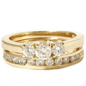 14k Yellow Gold 1ct Diamond Engagement Wedding Ring Set 3Stone Channel Set Round - Size 9