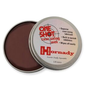 hornady one shot case sizing wax, 2.25 oz – wipes off easily, no sticky residue – straightforward reloading, makes sizing cases smooth and no trouble – an alternative to spray lube or lube pads