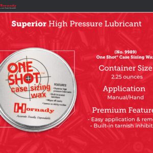 Hornady One Shot Case Sizing Wax, 2.25 Oz – Wipes Off Easily, No Sticky Residue – Straightforward Reloading, Makes Sizing Cases Smooth and No Trouble – an Alternative to Spray Lube or Lube Pads