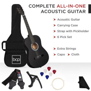 Best Choice Products 38in Beginner All Wood Acoustic Guitar Starter Kit w/Gig Bag, 6 Celluloid Picks, Nylon Strings, Capo, Cloth, Strap w/Pick Holder - Matte Black