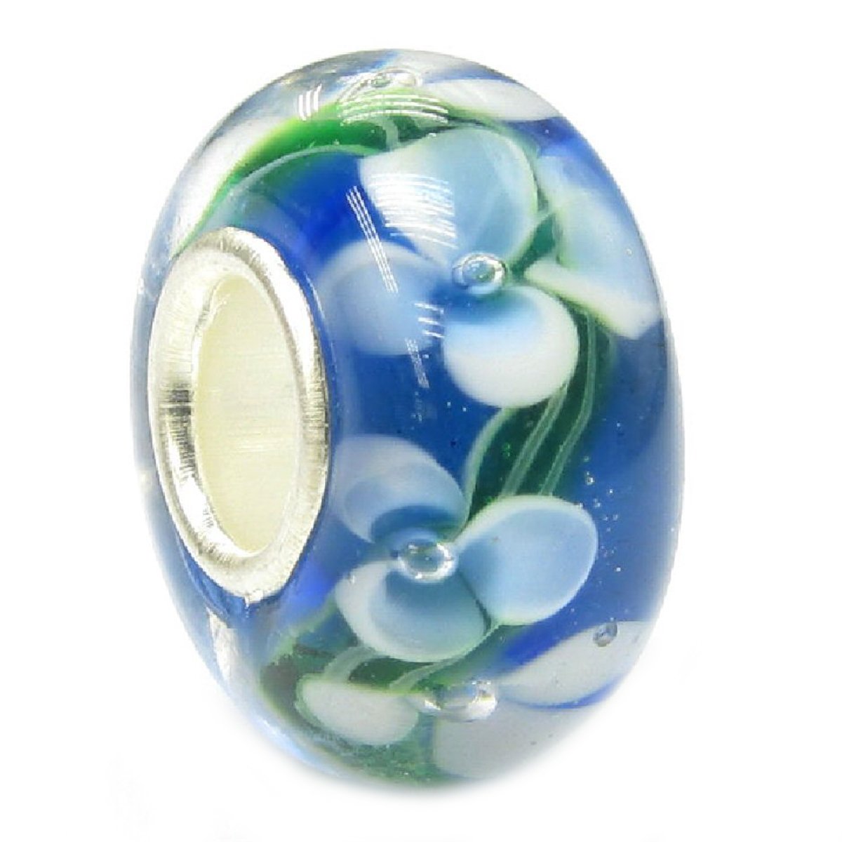 Sterling Silver Royal Blue Flower Glass Bead Charm for European Charm 3mm Snake Chain Bracelets 12.5mm