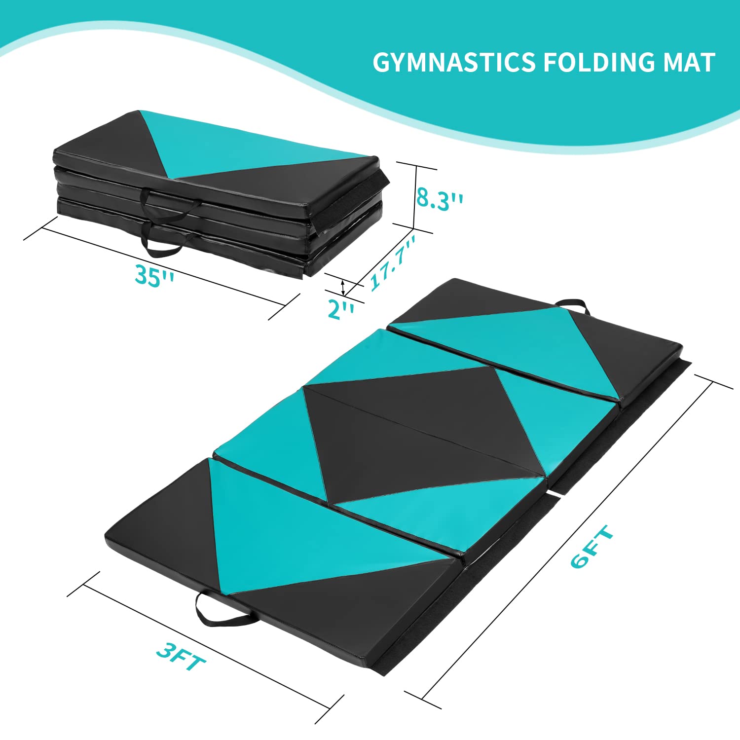 Sunoutife Gymnastics Mat, 3'x6'x2'' Folding Kids' Gymnastics Tumbling Mat with Carrying Handles for Home Gym Exercise & Play