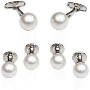 mens white swarovski simulated pearl formal set cufflinks and studs with presentation box