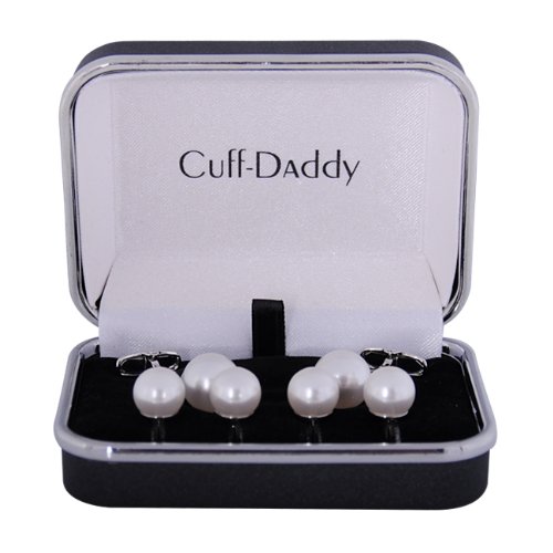 Mens White Swarovski Simulated Pearl Formal Set Cufflinks and Studs with Presentation Box