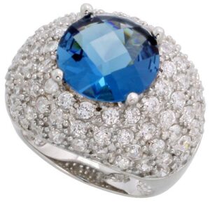 sterling silver cocktail ring, rhodium plated w/a large (12mm) round cut natural blue obsidian & cubic zirconia stones, 3/4" (19mm) wide, size 6