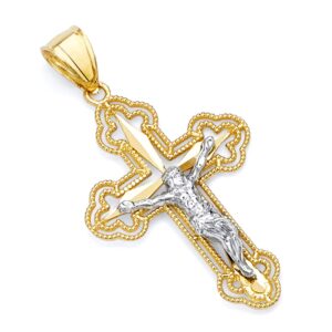 14k real two tone gold religious jesus crucifix cross charm pendant