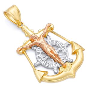 The World Jewelry Center 14k REAL Tri Color Gold Religious Jesus Crucifix Cross Anchor Charm Pendant