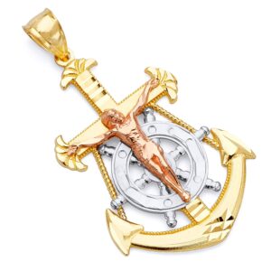 the world jewelry center 14k real tri color gold religious jesus crucifix cross anchor charm pendant