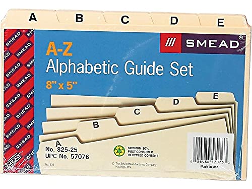 Smead Card Guide, Plain 1/5-Cut Tab (A-Z), 8"W x 5"H, Manila, 25 per Set (57076)