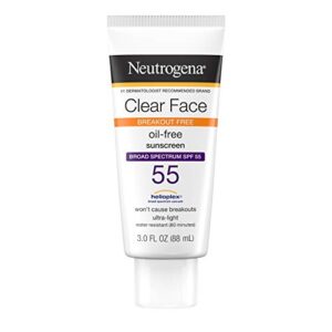 neutrogena clear face liquid lotion sunscreen for acne-prone skin, broad spectrum spf 55 with helioplex technology, oil-free, fragrance-free & non-comedogenic facial sunscreen, 3 fl. oz