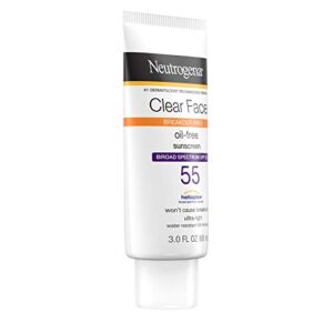 Neutrogena Clear Face Liquid Lotion Sunscreen for Acne-Prone Skin, Broad Spectrum SPF 55 with Helioplex Technology, Oil-Free, Fragrance-Free & Non-Comedogenic Facial Sunscreen, 3 fl. oz