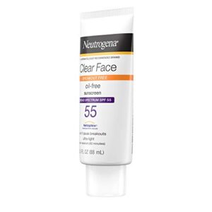 Neutrogena Clear Face Liquid Lotion Sunscreen for Acne-Prone Skin, Broad Spectrum SPF 55 with Helioplex Technology, Oil-Free, Fragrance-Free & Non-Comedogenic Facial Sunscreen, 3 fl. oz