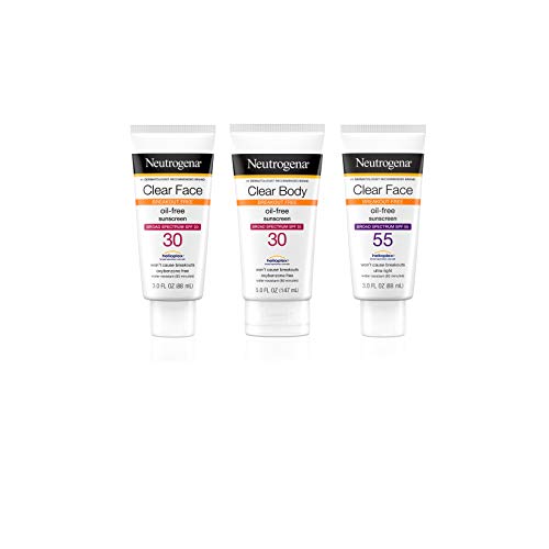 Neutrogena Clear Face Liquid Lotion Sunscreen for Acne-Prone Skin, Broad Spectrum SPF 55 with Helioplex Technology, Oil-Free, Fragrance-Free & Non-Comedogenic Facial Sunscreen, 3 fl. oz