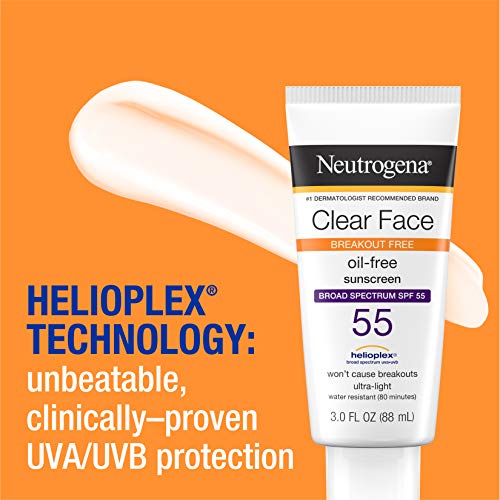 Neutrogena Clear Face Liquid Lotion Sunscreen for Acne-Prone Skin, Broad Spectrum SPF 55 with Helioplex Technology, Oil-Free, Fragrance-Free & Non-Comedogenic Facial Sunscreen, 3 fl. oz