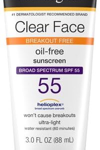 Neutrogena Clear Face Liquid Lotion Sunscreen for Acne-Prone Skin, Broad Spectrum SPF 55 with Helioplex Technology, Oil-Free, Fragrance-Free & Non-Comedogenic Facial Sunscreen, 3 fl. oz