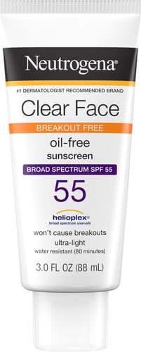 Neutrogena Clear Face Liquid Lotion Sunscreen for Acne-Prone Skin, Broad Spectrum SPF 55 with Helioplex Technology, Oil-Free, Fragrance-Free & Non-Comedogenic Facial Sunscreen, 3 fl. oz