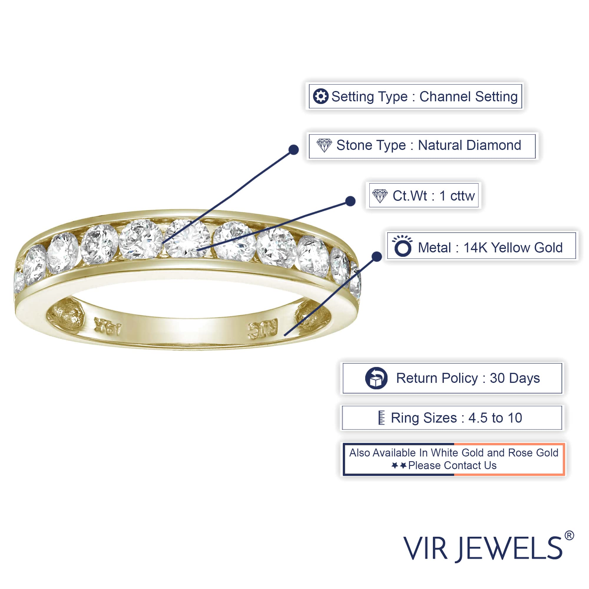 VIR JEWELS 1 cttw Diamond Wedding Anniversary Band for Women Half Eternity Diamond Engagement Ring 14K Yellow Gold Channel Set SI2-I1 Clarity Certified Size 7