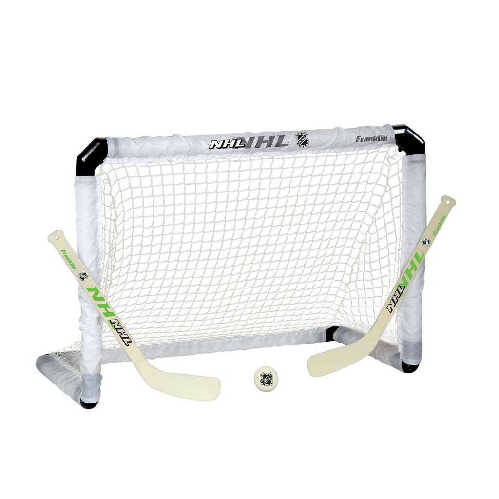 Franklin Sports Knee Hockey Set - includes 1 Light Up Hockey Goal - 2 Light Up Mini Hockey Sticks and 1 Light Up Ball - NHL - Glow in The Dark - Great for Kids