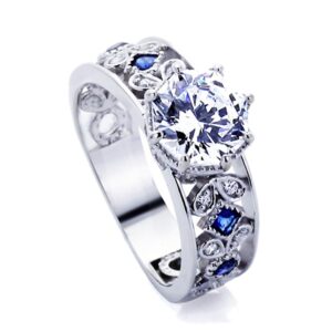 925 Sterling Silver Wedding Ring 2 Carat Octagon Cut CZ Stone Simulated Blue Sapphire CZ Accent Filigree Vintage Engagement Ring (Size 5 to 9)