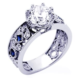 925 Sterling Silver Wedding Ring 2 Carat Octagon Cut CZ Stone Simulated Blue Sapphire CZ Accent Filigree Vintage Engagement Ring (Size 5 to 9)