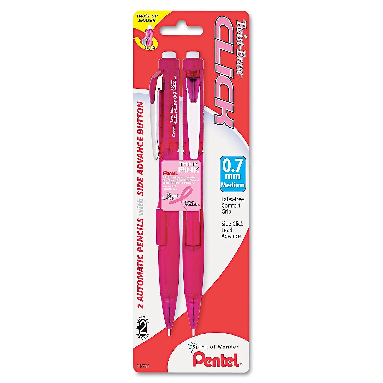 Pentel PD277TBP2PBC Pink Ribbon Twist-Erase CLICK Mechanical Pencil, 0.7 mm, 2/Pack