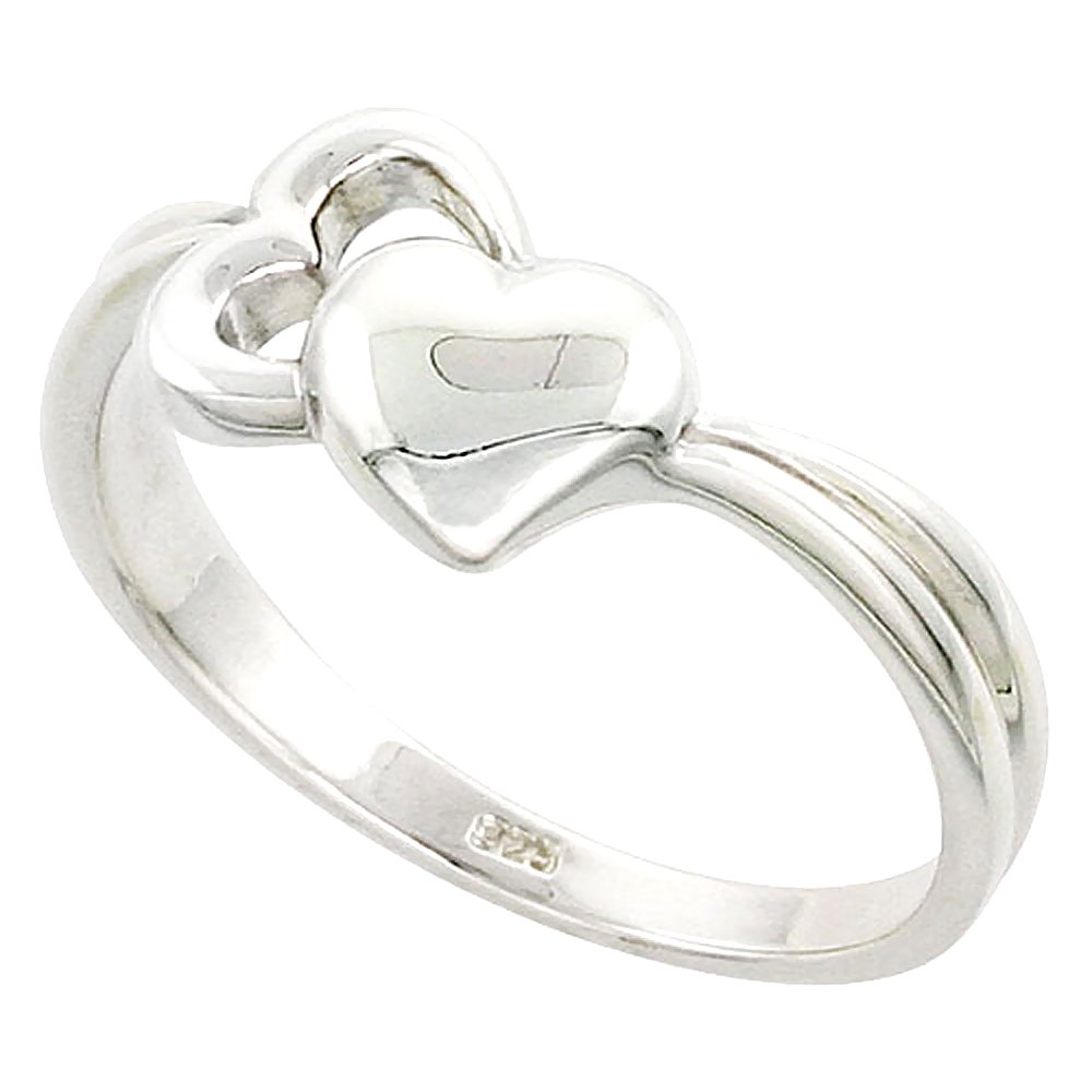 Sterling Silver 2 Heart Ring Flawless Quality Finish 1/2 inch wide, size 8