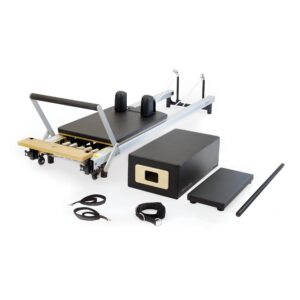 merrithew™ at home spx® reformer package with reformer box, footstrap, padded platform extender and metal roll-up pole – pilates workouts at home(black)