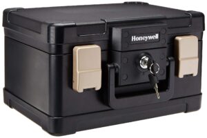 honeywell safes & door locks - fireproof & waterproof small safe box chest for home - fits folded letter size documents - strong abs plastic - document box with key lock system - 0.15 cu, black, 1102