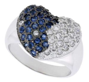 sterling silver & rhodium plated heart ring, w/ 2mm high quality sapphire & white cz's, 9/16" (15mm) wide, size 7