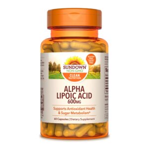 sundown alpha lipoic acid 600mg, supports antioxidant health, dietary supplement, 60 capsules