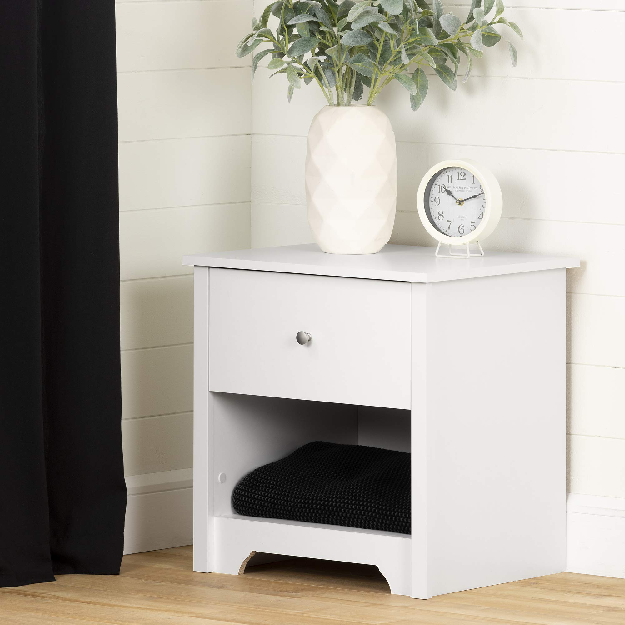 South Shore Vito 1-Drawer Nightstand, Pure White with Matte Nickel Handles