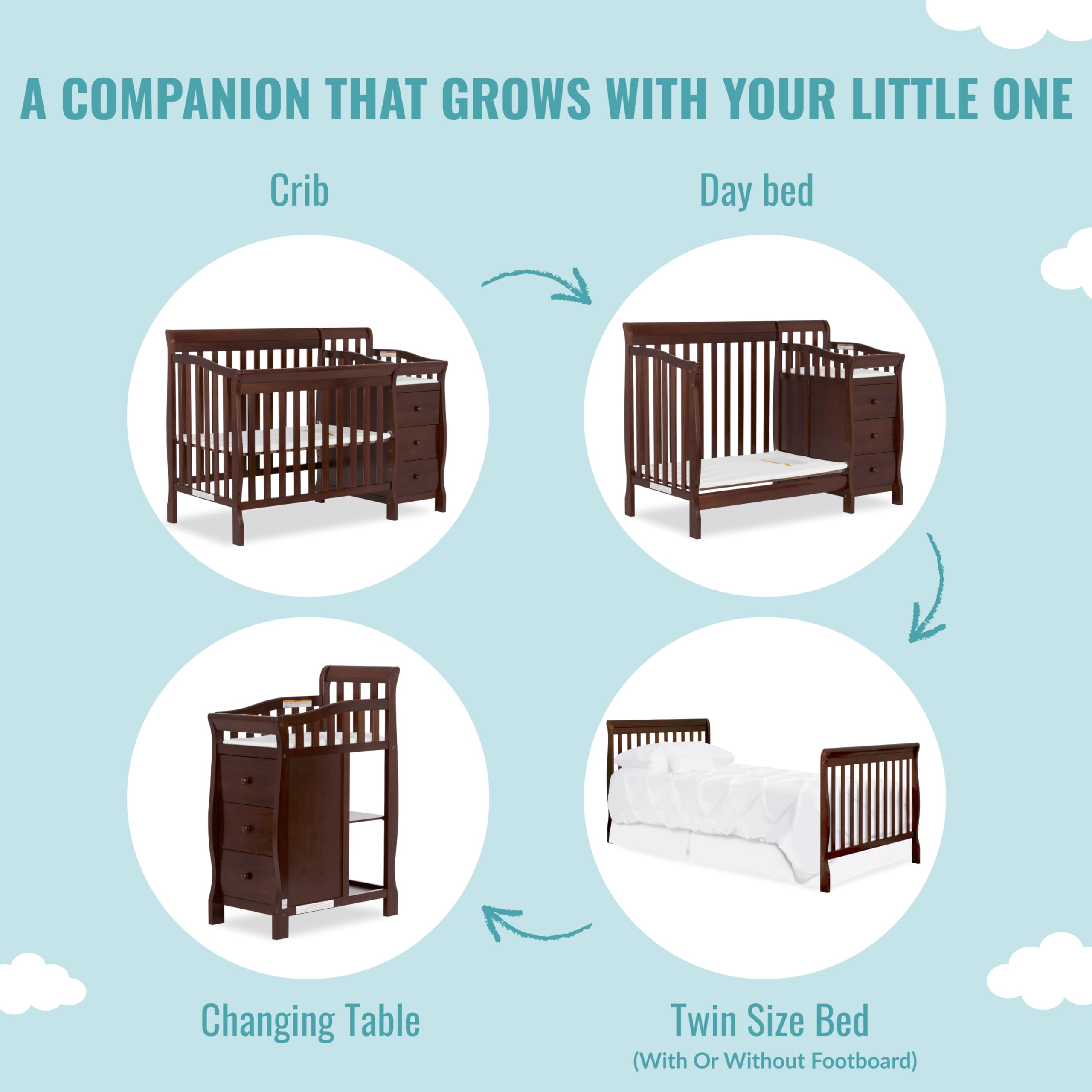 Dream On Me Jayden 4-in-1 Mini Convertible Crib And Changer in Espresso, Greenguard Gold Certified, Non-Toxic Finish, New Zealand Pinewood, 1" Mattress Pad