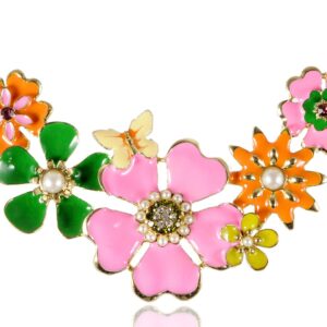 Alilang Womens Golden Tone Faux Pearl Floral Pink Multicolor Enamel Flower Bib Statement Necklace