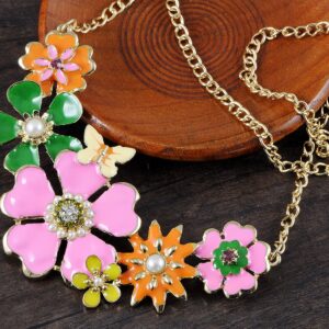 Alilang Womens Golden Tone Faux Pearl Floral Pink Multicolor Enamel Flower Bib Statement Necklace