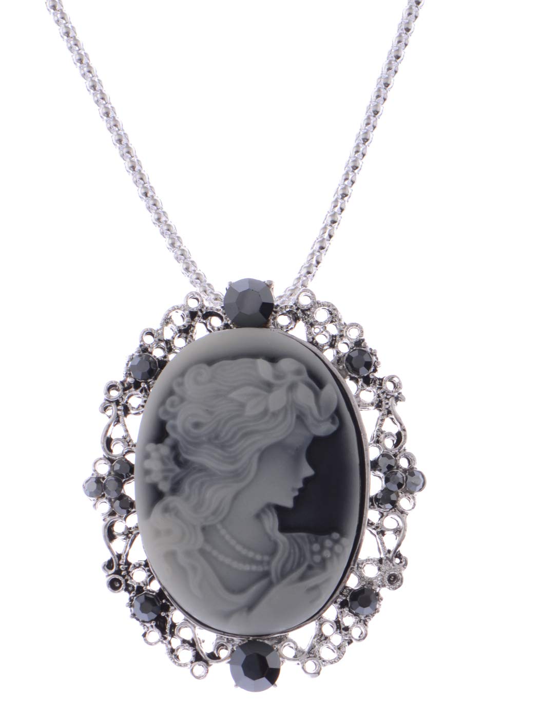 Alilang Gunmetal Tone Grey Crystal Rhinestones Cameo Lady Victorian Maiden Pendant Necklace